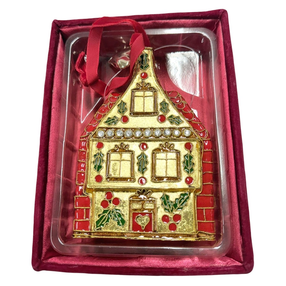 Gold Red Gingerbread House Christmas Ornament Faux Pearl Accents Velvet Gift Box